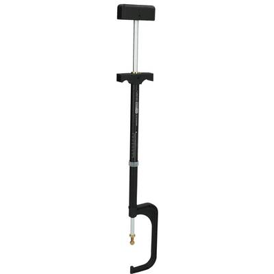 Une serre-joint noire avec molette de réglage et tige métallique, adaptée pour maintenir des pièces pendant le travail.