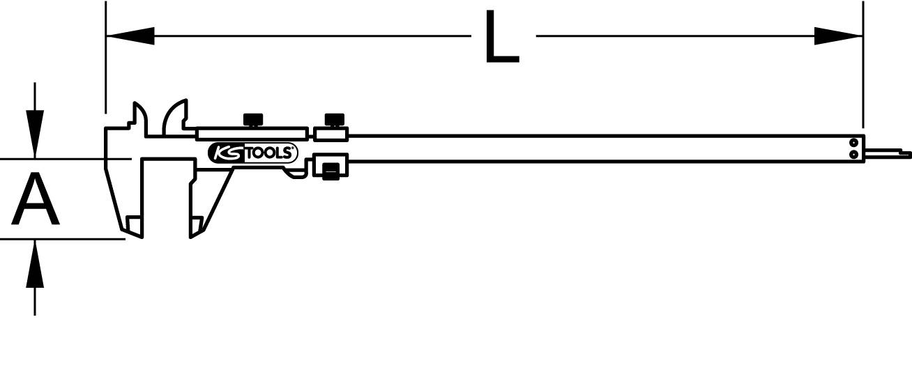Image d'un pied à coulisse numérique avec les dimensions A et L marquées, le nom du fabricant 'KS Tools' étant visible sur l'appareil.