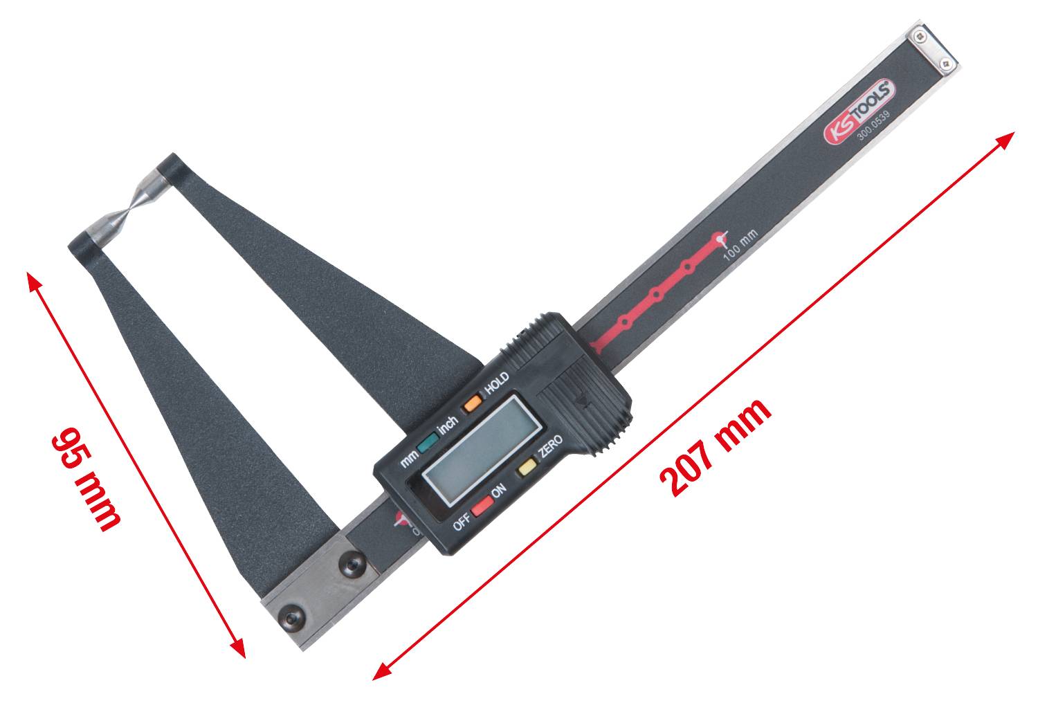 Appareil de mesure numérique pour mesurer les distances avec affichage. Dimensions : largeur 95 mm, longueur 207 mm.