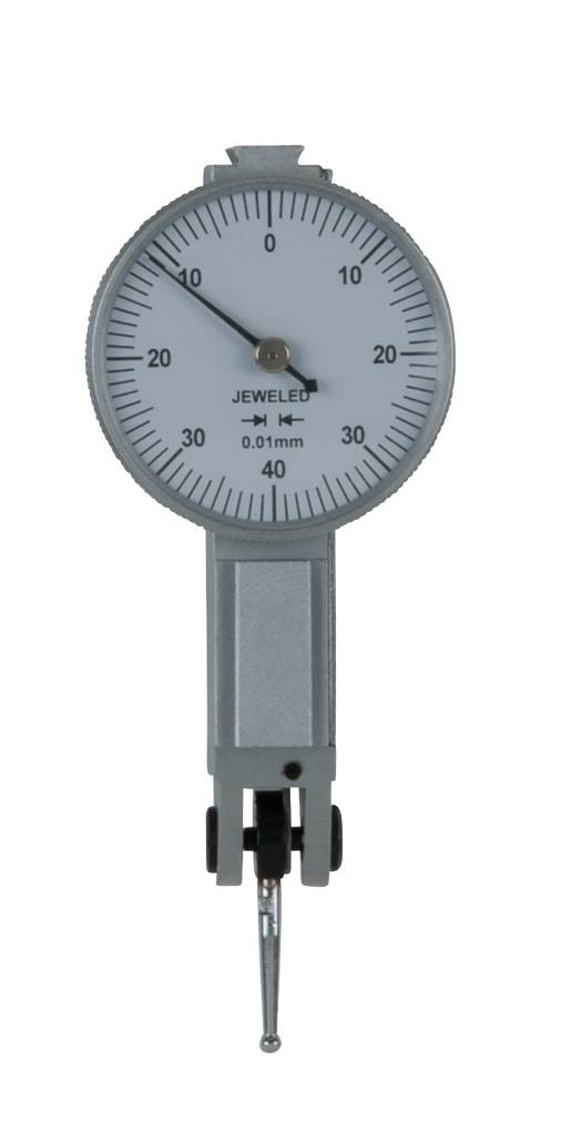 Un instrument de mesure avec une échelle analogique de 0 à 40, graduée par pas de 0,01 mm. L'aiguille pointe approximativement sur zéro.