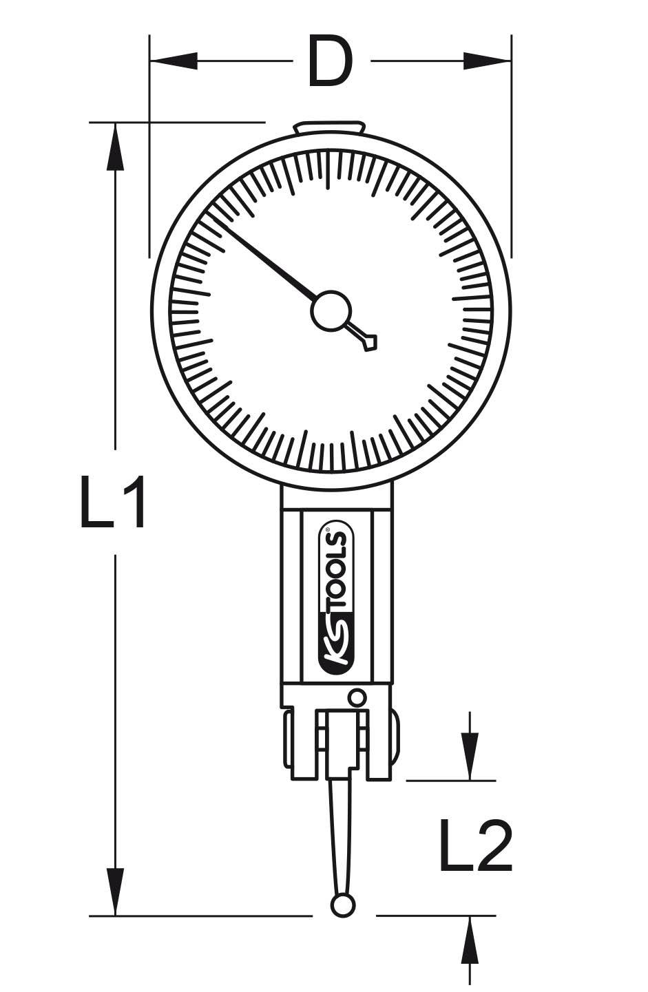 'Dessin technique d'un instrument de mesure avec cadran et règle graduée. Annoté avec L1, L2 et D comme unités de mesure.'
