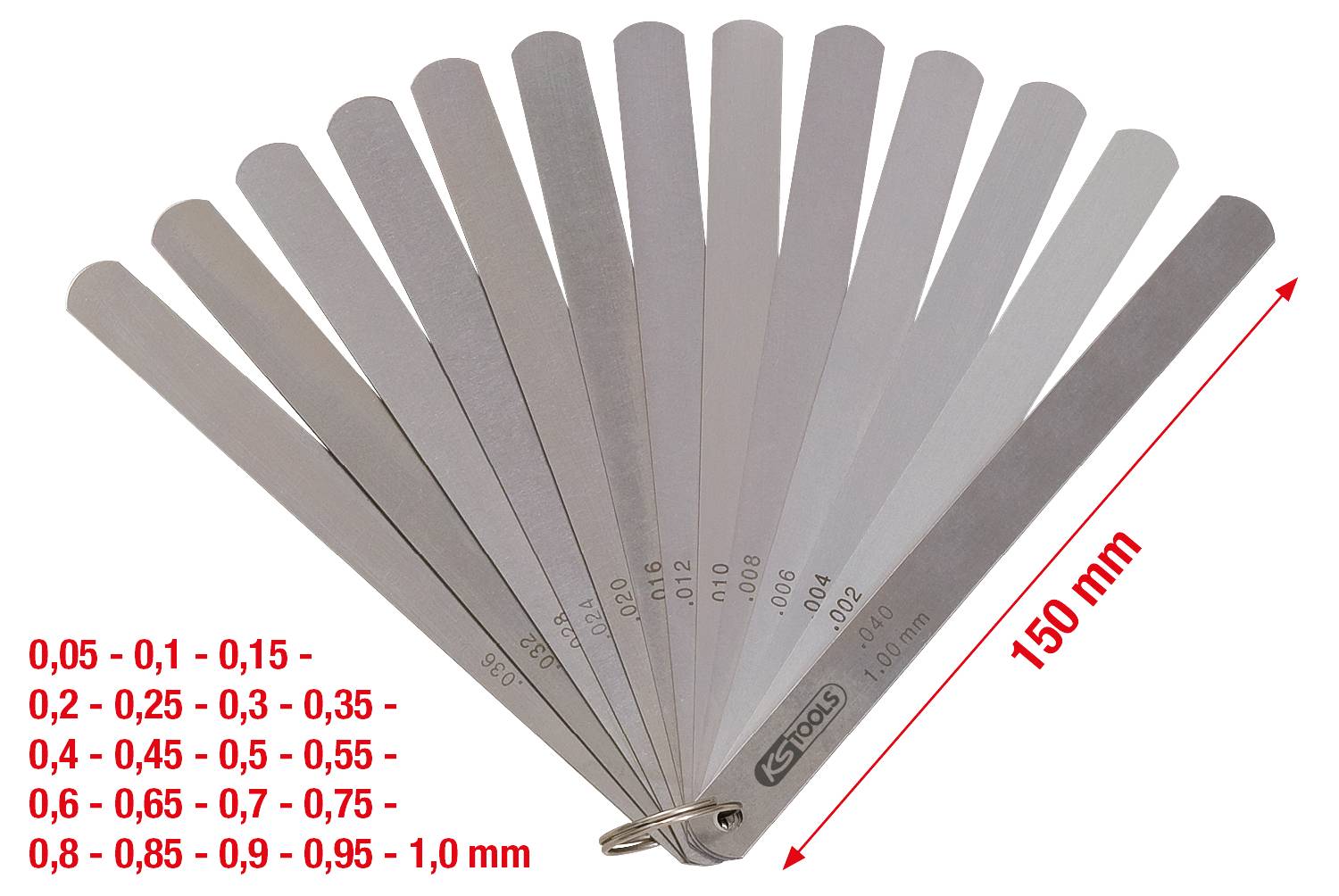 Jauge d'épaisseur à plusieurs lames métalliques de différentes épaisseurs allant de 0,05 mm à 1,0 mm, maintenues sur un anneau, pour des mesures de précision.