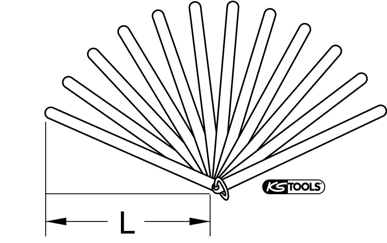 Dessin d'une feuille de jauge à ruban dépliée avec une mesure de longueur 'L'. Logo de la marque 'KS TOOLS' en bas à droite.