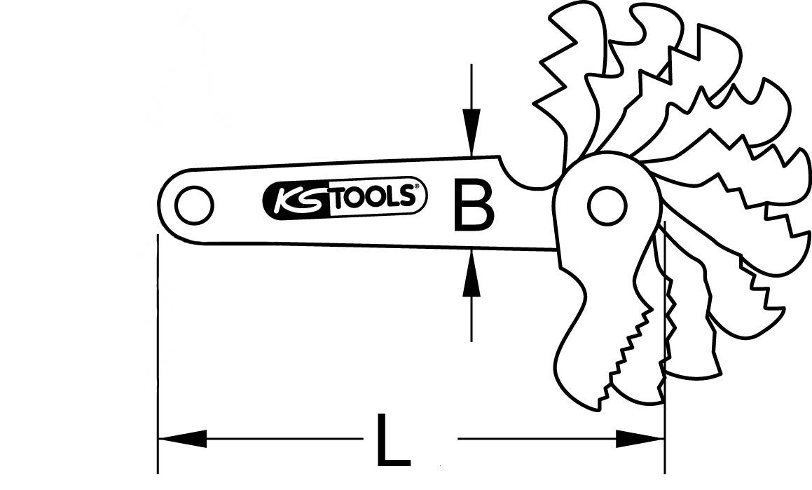 Méthode de mesure des pas de filetage de KS Tools, présentant différentes formes de dentelures pour les tailles de filets métriques et en pouces.