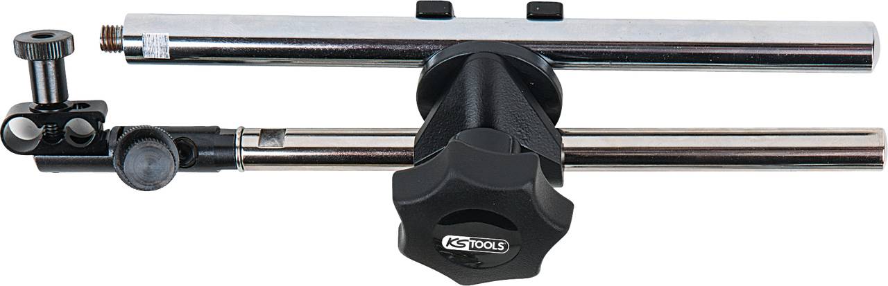 Bras porte-outils avec poignée rotative et éléments de fixation, principalement en métal, destiné à la fixation stable des outils.