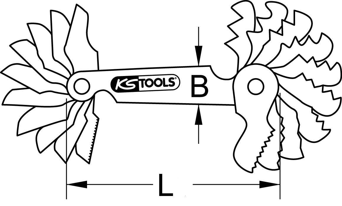 Un dessin d'un jeu de jauges de profondeur de KS Tools. Montre différentes lames dentelées utilisées pour mesurer des écarts.