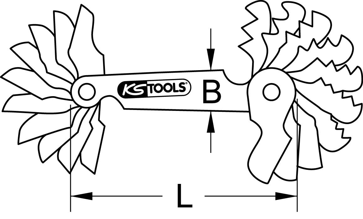 Calibre de vis 'KS Tools' avec filetage à gauche et à droite. Marquage 'B'. Dimensions : 'L' et indication de hauteur entre les filetages.