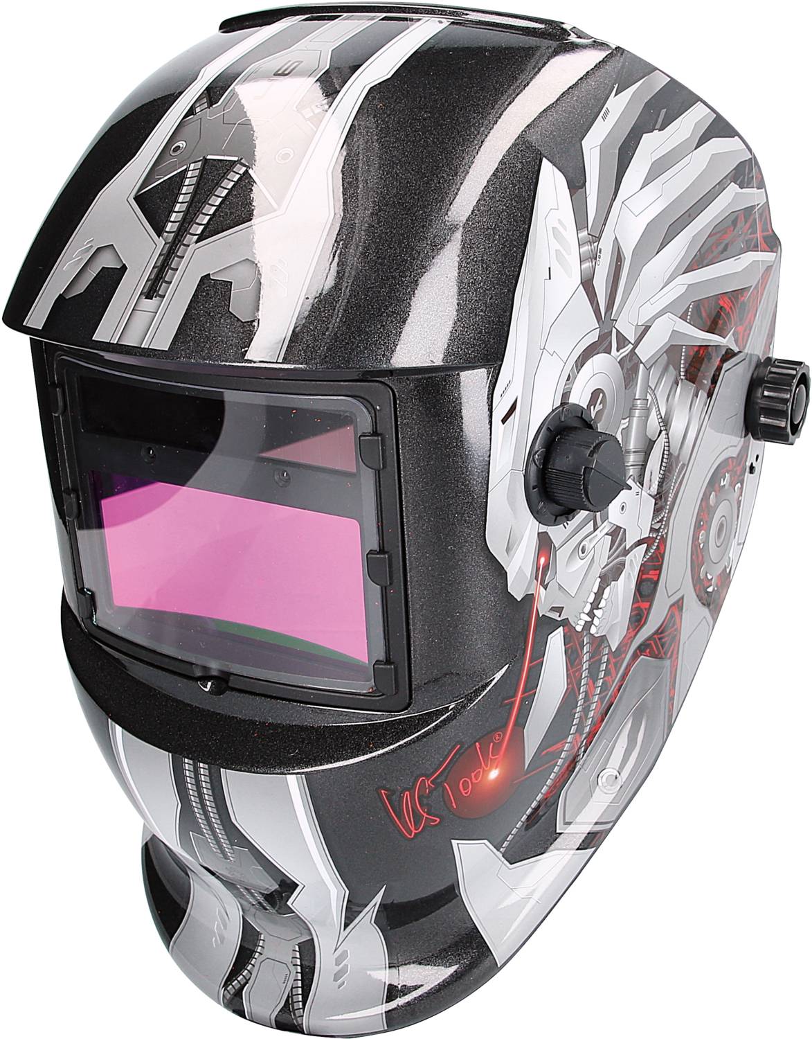 Un casque de soudure noir au design futuriste et technique, avec une teinte automatique.