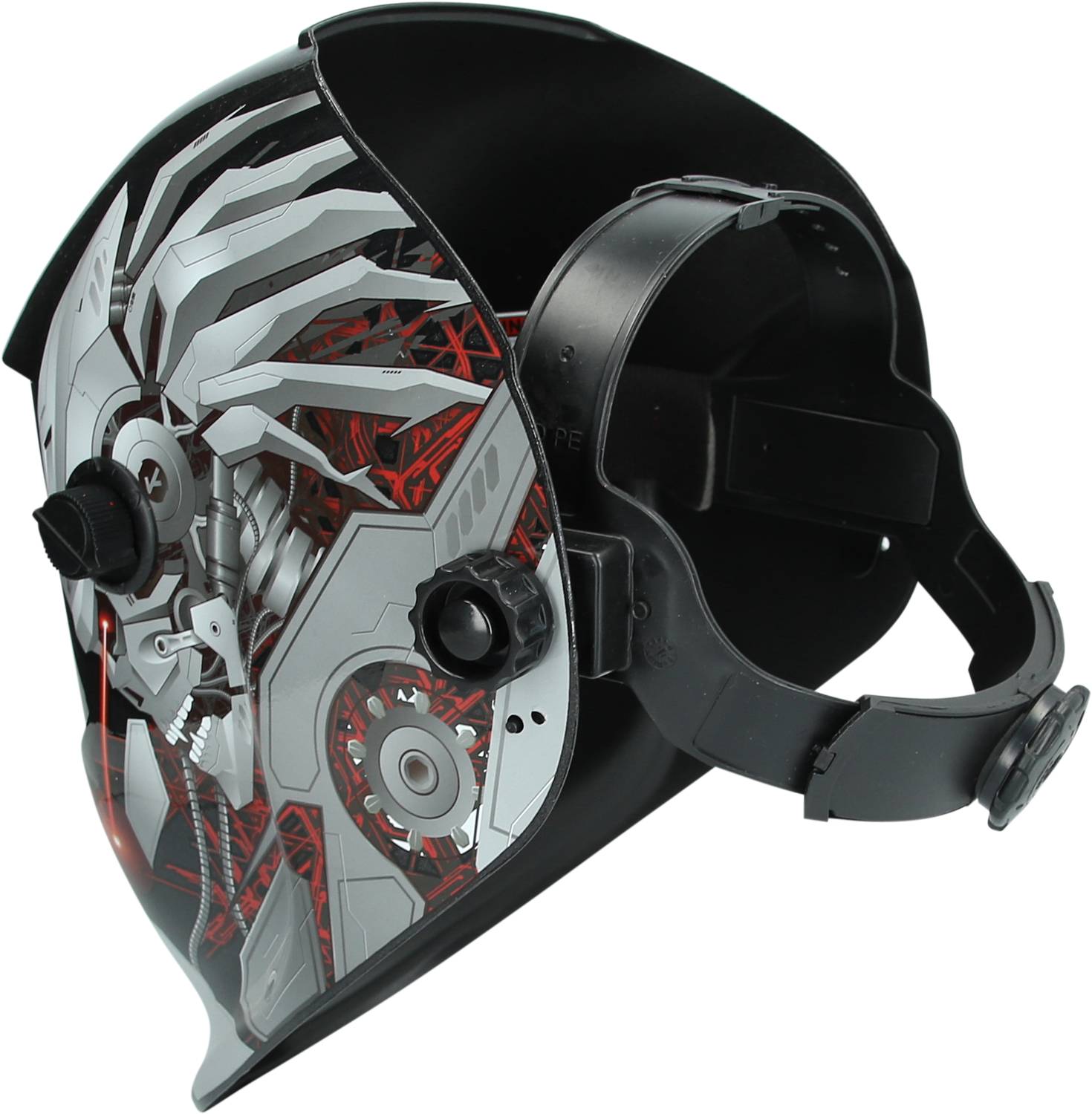 Casque de soudeur avec sangle noire et visière ornée, présentant des motifs mécaniques et géométriques en argent et rouge.