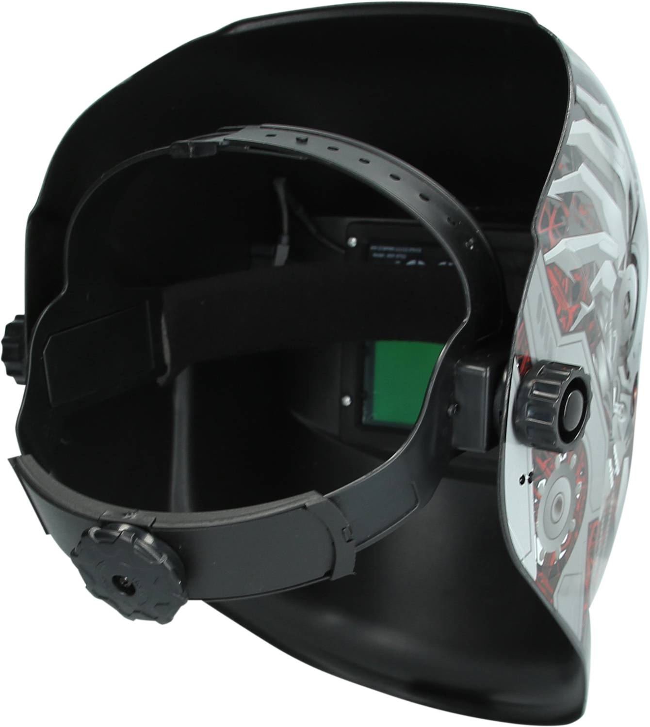 Casque de soudage avec visière teintée sombre, bandeau de tête réglable et motif distinctif sur l'extérieur.