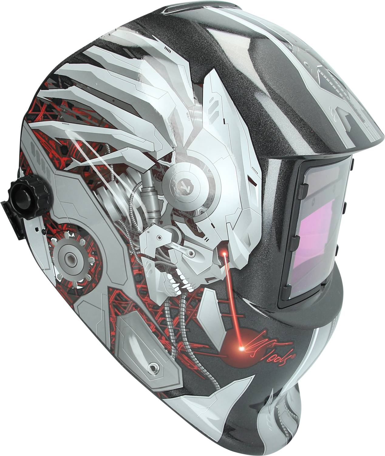 Un casque de soudage au design futuriste avec des éléments graphiques en gris et rouge. Le casque dispose d'une fonction d'assombrissement automatique.