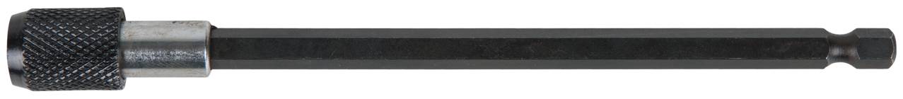 Un long porte-embout de tournevis noir avec une poignée cannelée et une extrémité hexagonale.