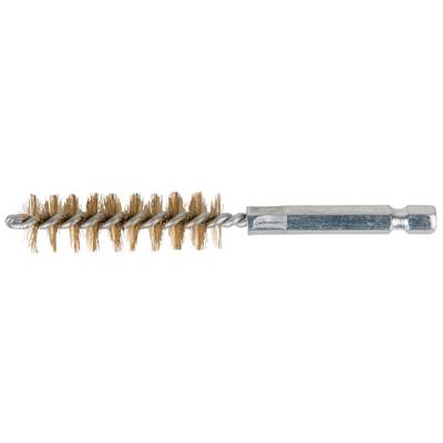 Une brosse métallique à poils métalliques et manche hexagonal, utilisée pour nettoyer ou ébarber des surfaces.