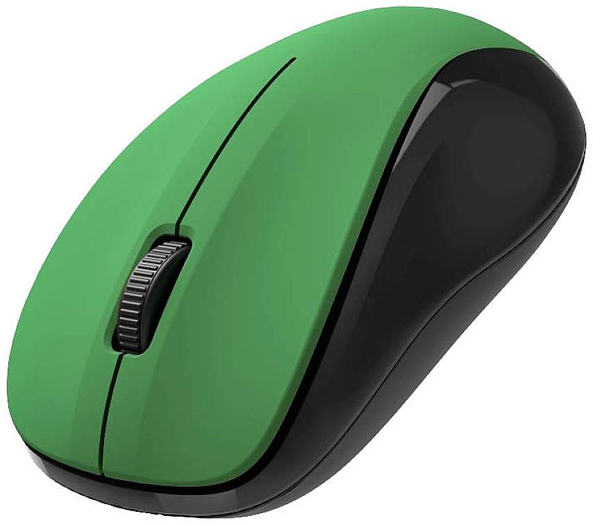 Souris d'ordinateur verte avec surface latérale noire et molette de défilement, adaptée à l'utilisation avec des ordinateurs ou des ordinateurs portables.