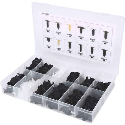 Boîte en plastique compartimentée remplie de différents éléments de fixation en plastique noir et blanc ; le couvercle présente un aperçu des tailles et des types.