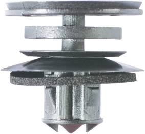Un fermoir en métal argenté composé de plusieurs disques plats superposés, avec une extrémité conique.