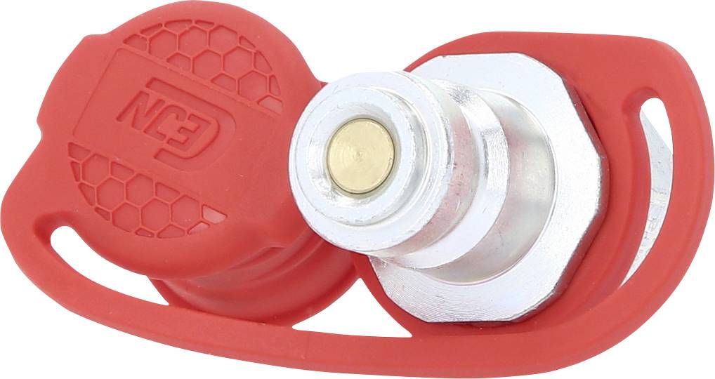 Interrupteur principal de batterie rouge avec motif hexagonal sur le couvercle, contact argenté au centre.