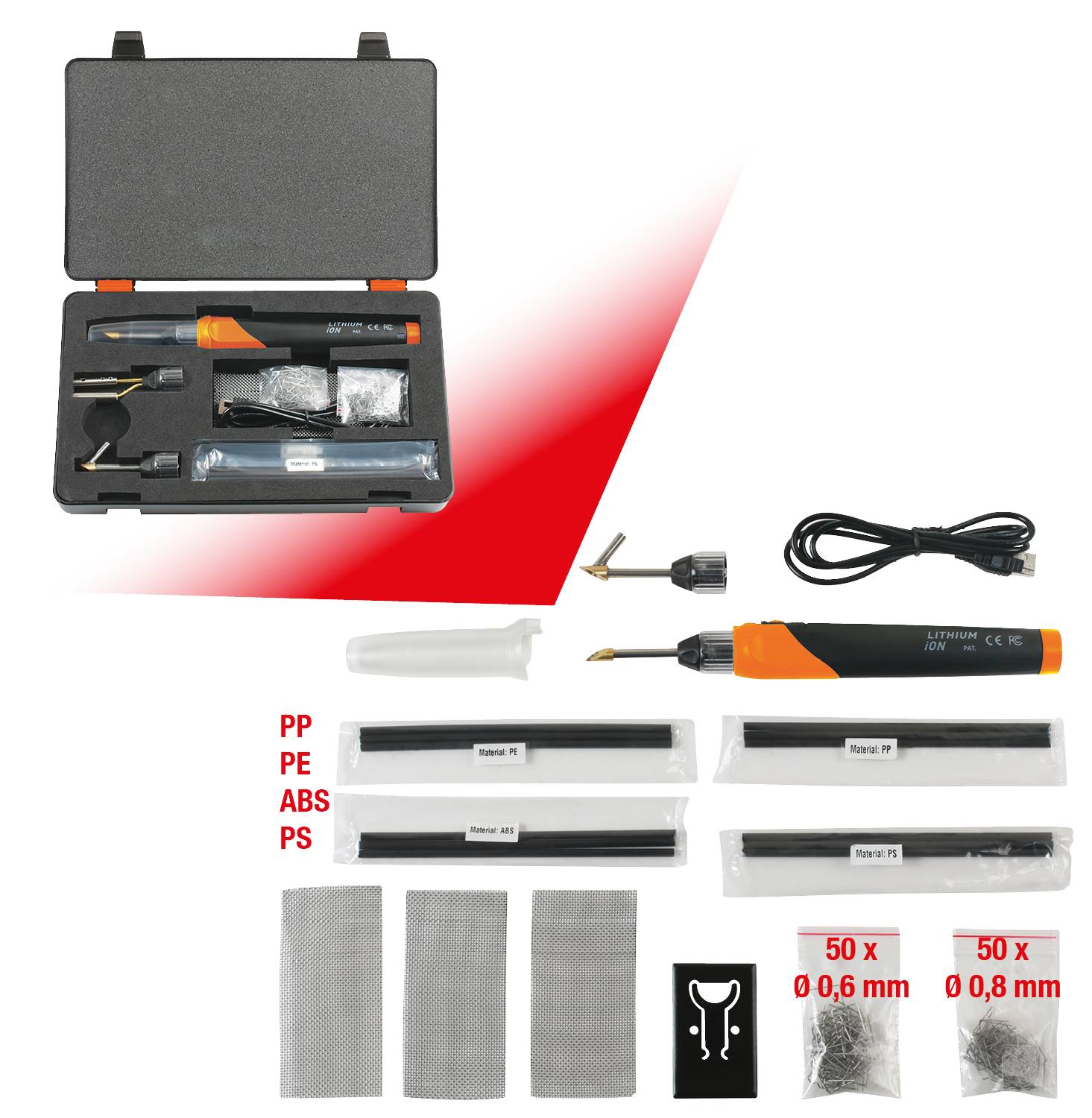 Un kit de réparation de plastique comprenant un coffret à outils, un fer à souder avec câble, différentes pièces accessoires et des fils de soudure. Idéal pour la réparation des matières plastiques.