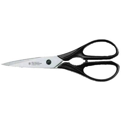 Ciseaux avec poignées noires et lames argentées, portant l'inscription 'Victorinox'. Adaptés pour une utilisation générale dans la maison.