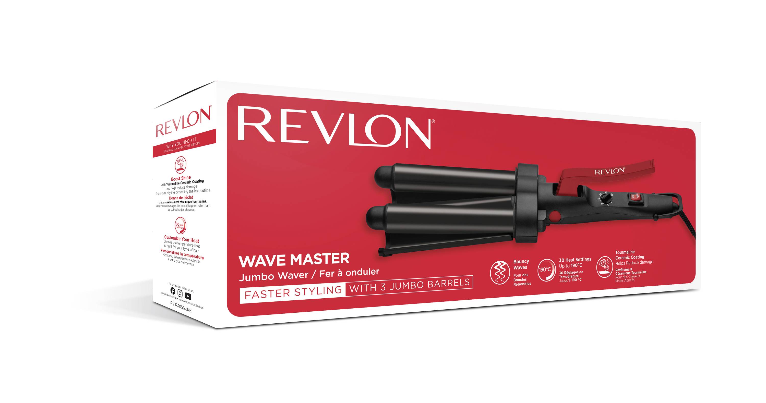 L'emballage d'un fer à friser Revlon 'Wave Master' avec 3 grandes tiges chauffantes et un design rouge pour un coiffage rapide est représenté.