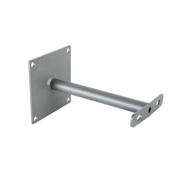 Support de fixation métallique gris avec une plaque de base rectangulaire et un bras allongé pour montage mural. Adapté pour les paraboles satellite.