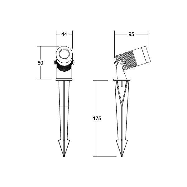 Dessin technique d'un projecteur à piquet de terre avec dimensions : Tête 44x95 mm, hauteur totale avec piquet 175 mm, longueur du piquet 80 mm.
