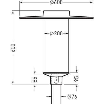 Dessin technique d'un luminaire cylindrique avec dimensions : hauteur totale 600 mm, diamètre de l'abat-jour 600 mm, diamètre du cylindre 200 mm.