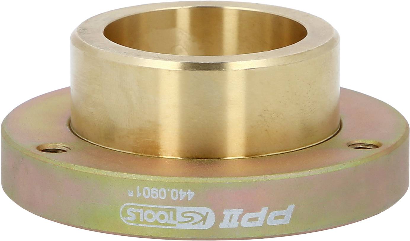 Un adaptateur métallique rond de couleur or avec gravure '41-0801'. Utilisé pour un ajustement précis dans des applications techniques.