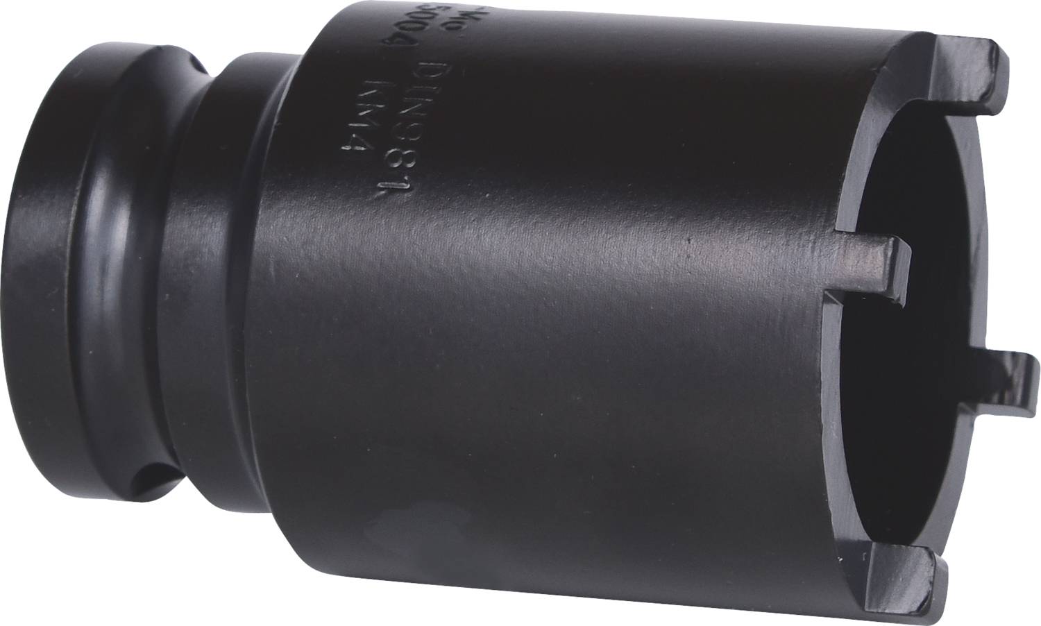 Un adaptateur métallique noir avec plusieurs encoches, destiné à des applications techniques.