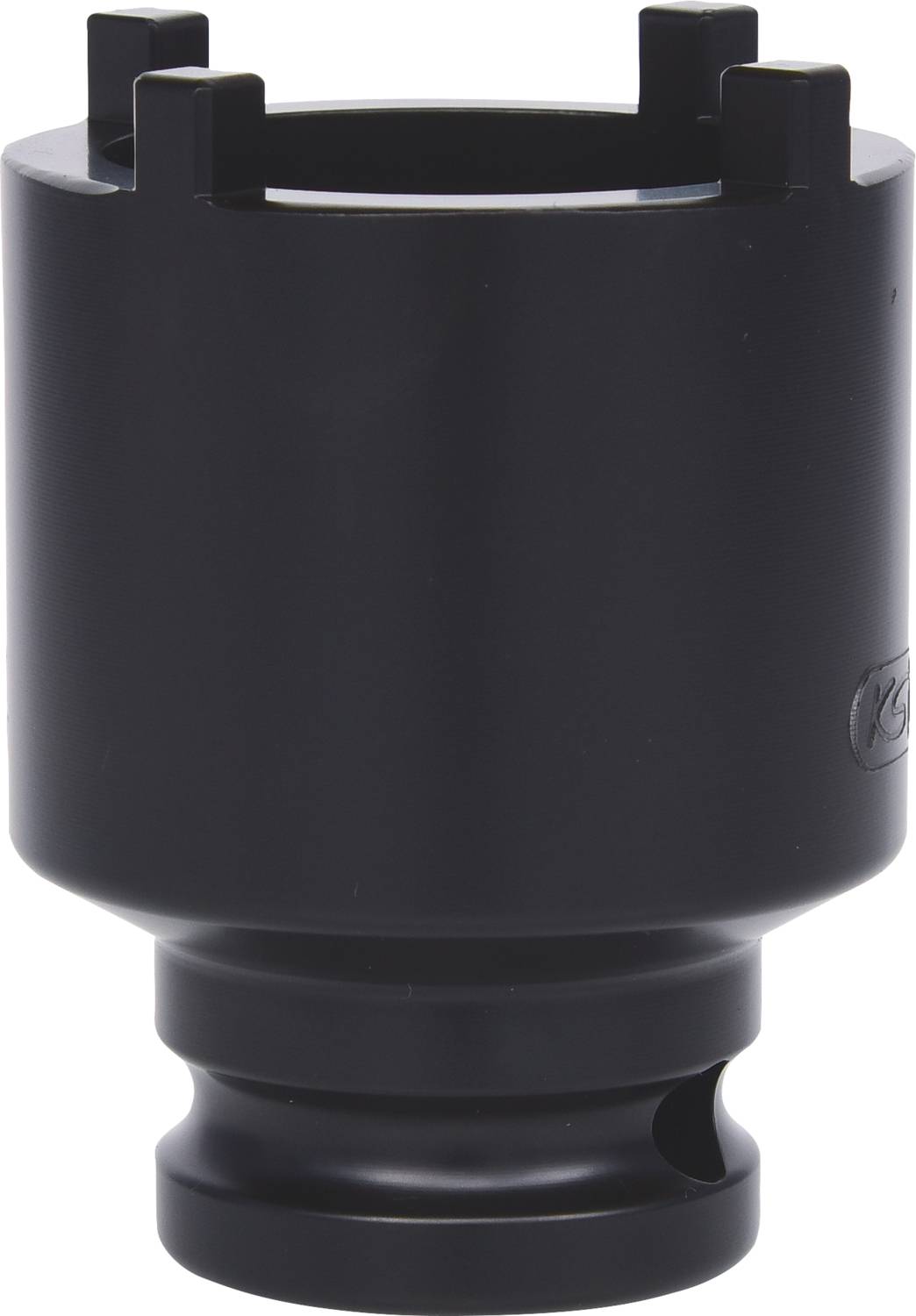 Pièce métallique cylindrique noire avec une large ouverture et des encoches verticales sur le dessus, adaptée aux applications techniques.