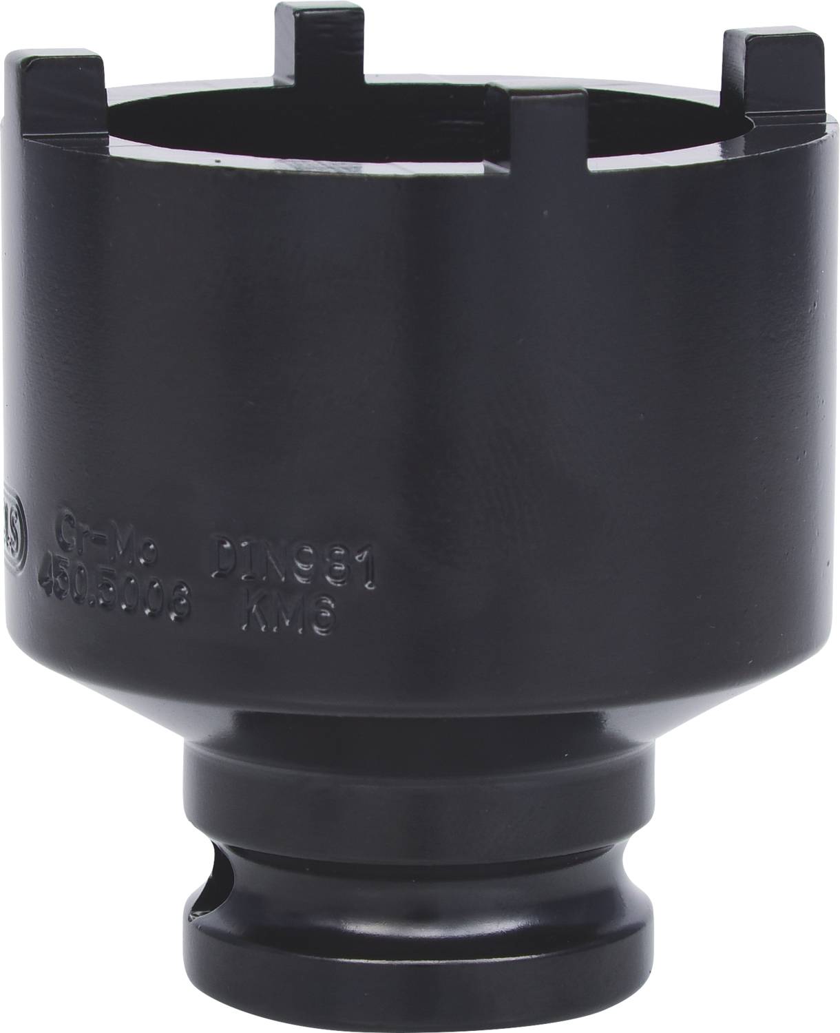 Accessoire d'outil noir en métal, de forme cylindrique avec plusieurs dents sur le pourtour. Utilisé pour la connexion ou la fixation.