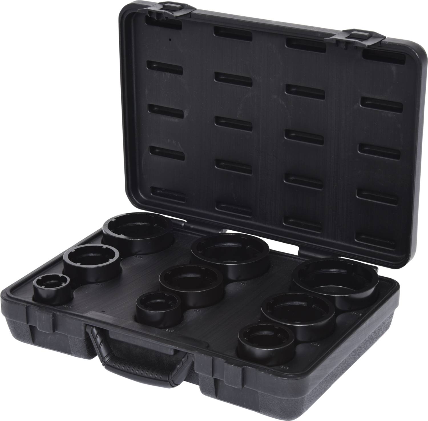 Une valise noire ouverte contenant plusieurs supports circulaires de différentes tailles.