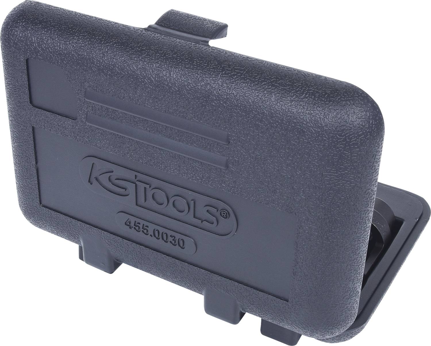 Boîte de transport en plastique noir avec le logo 'KS Tools', fermée.