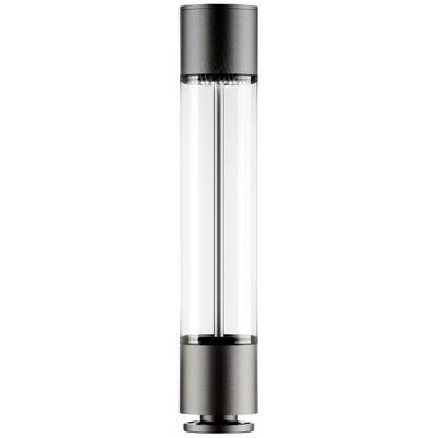 Haut-parleur cylindrique transparent avec des embouts en métal gris, positionné verticalement, conçu de manière moderne et minimaliste.