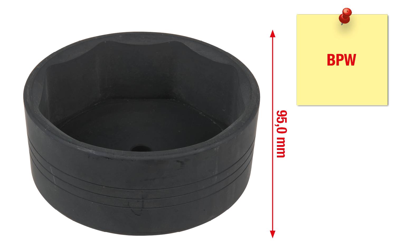 Cylindre noir de 95,0 mm de hauteur. À gauche se trouve le cylindre, avec une note portant l'inscription « BPW » à côté à droite.