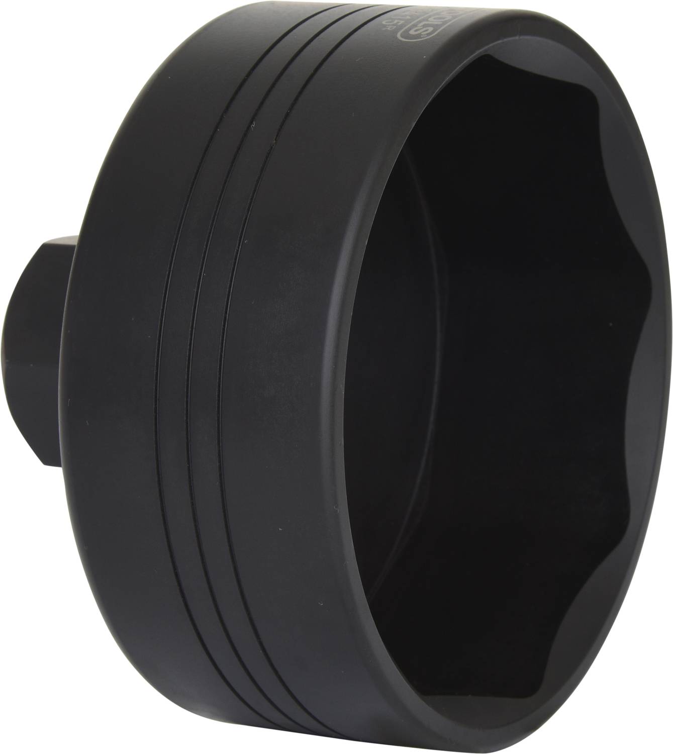 Une tête d'outil noire, circulaire, avec des bords cannelés, probablement un élément d'un ensemble d'outils pour clé de voiture.