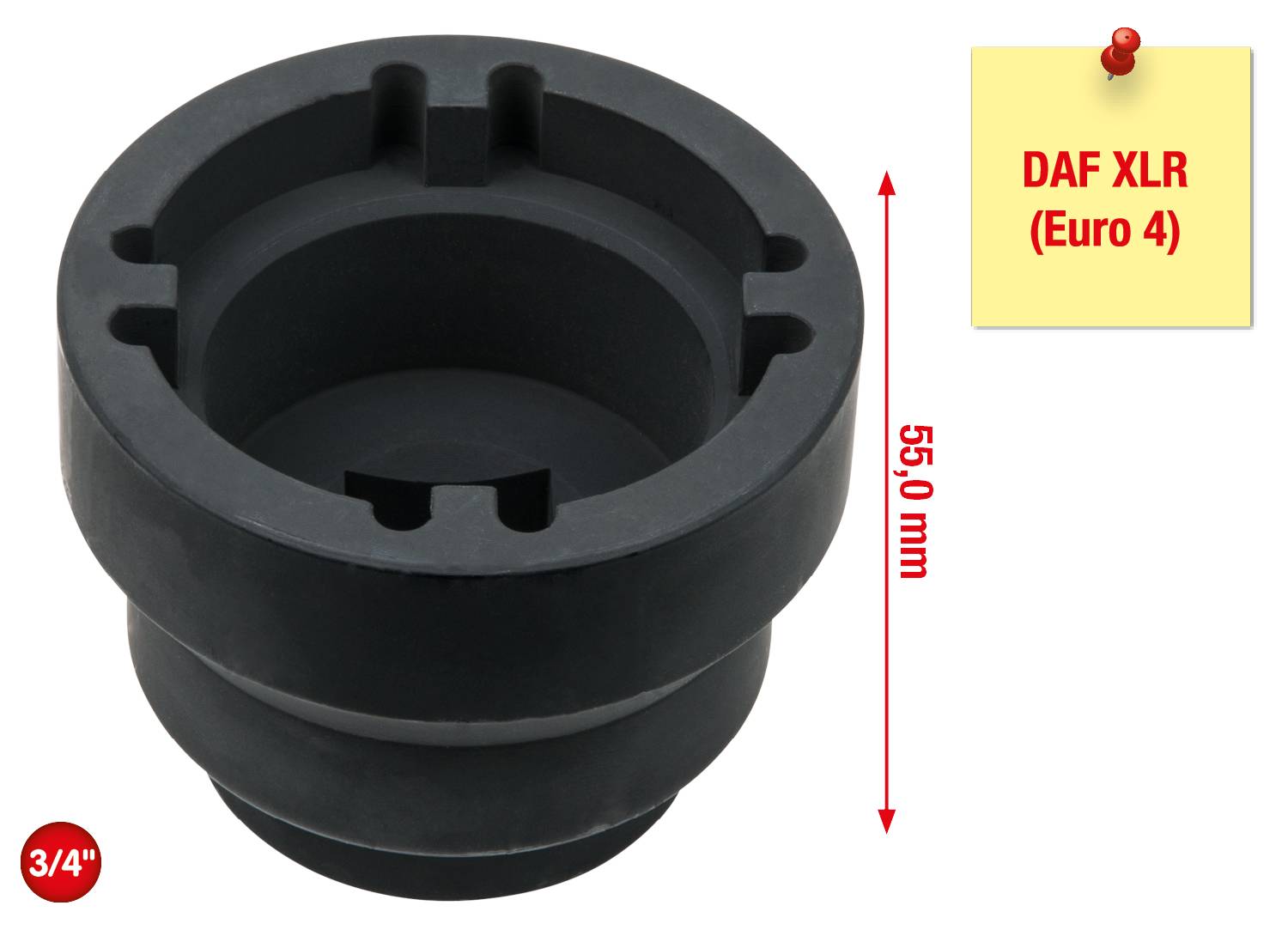 Pièce cylindrique noire, 3/4 de pouce, hauteur 55 mm, avec logement de fixation. Étiquette : 'DAF XLR (Euro 4)'.