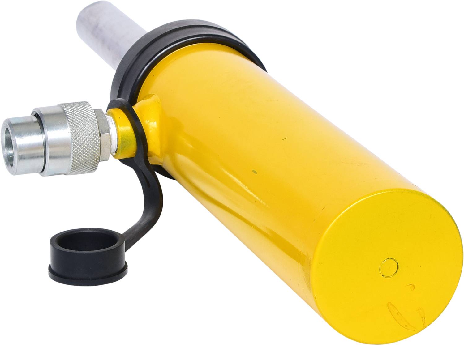 Vérin hydraulique jaune avec capuchon de protection noir et raccord métallique, orienté vers la droite sur un fond clair.