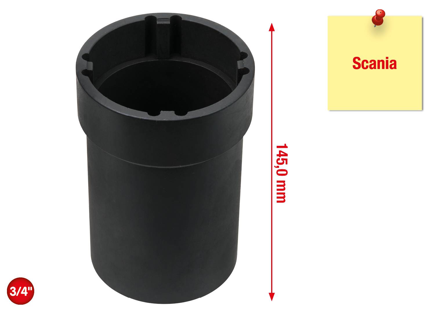Adaptateur cylindrique noir, d'environ 145 mm de hauteur. En bas à gauche '3/4"' et à droite 'Scania' sur papier jaune, épinglé.