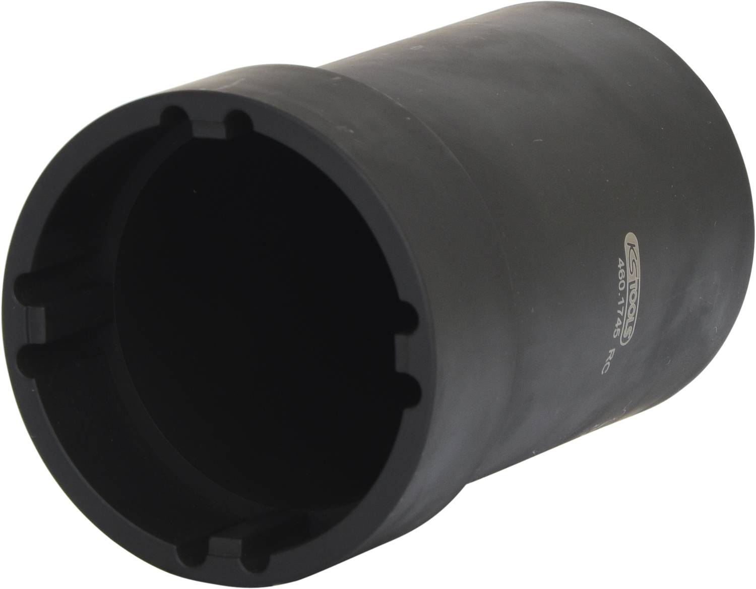 Cylindre noir en plastique à surface lisse, se rétrécissant cylindriquement vers l'arrière.