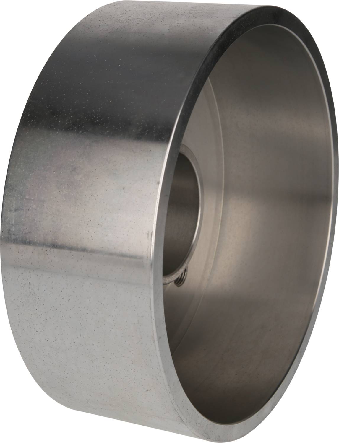 Rouleau cylindrique brillant de métal avec une cavité centrale. Il semble faire partie d'un système mécanique ou d'un composant de machine.