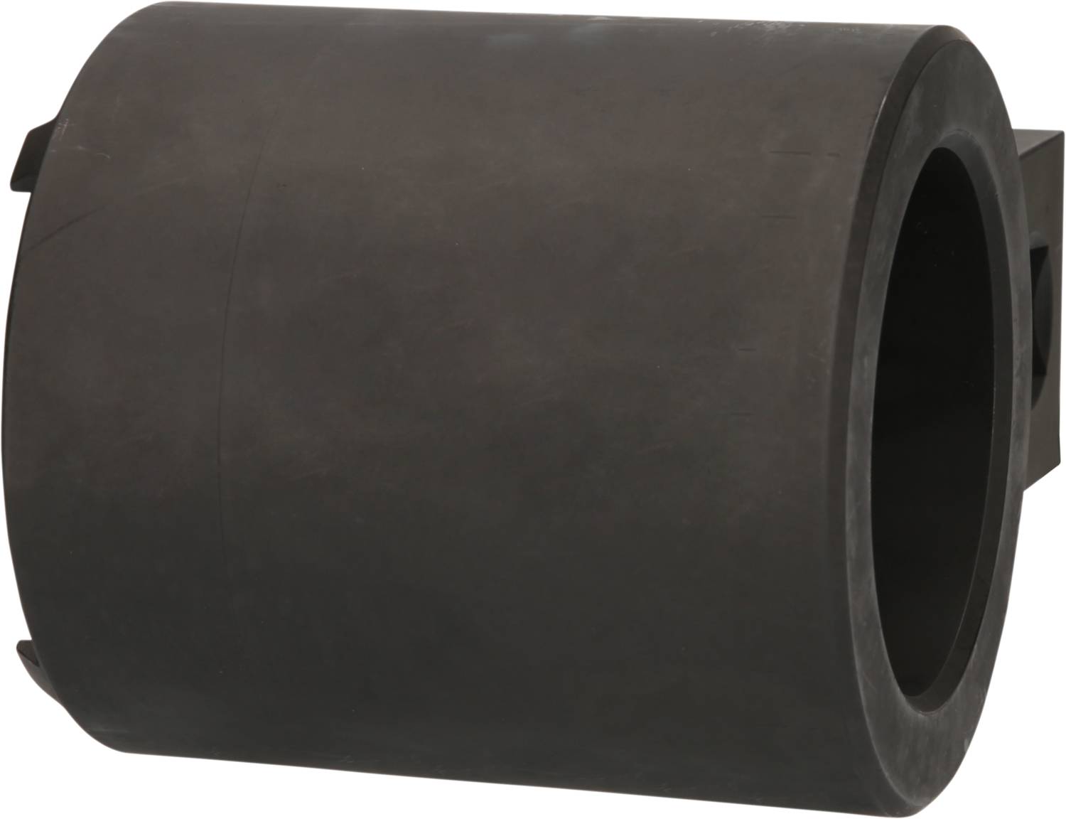 Bloc de plastique noir, cylindrique, à surface lisse et intérieur creux. Encoche rectangulaire sur le côté.
