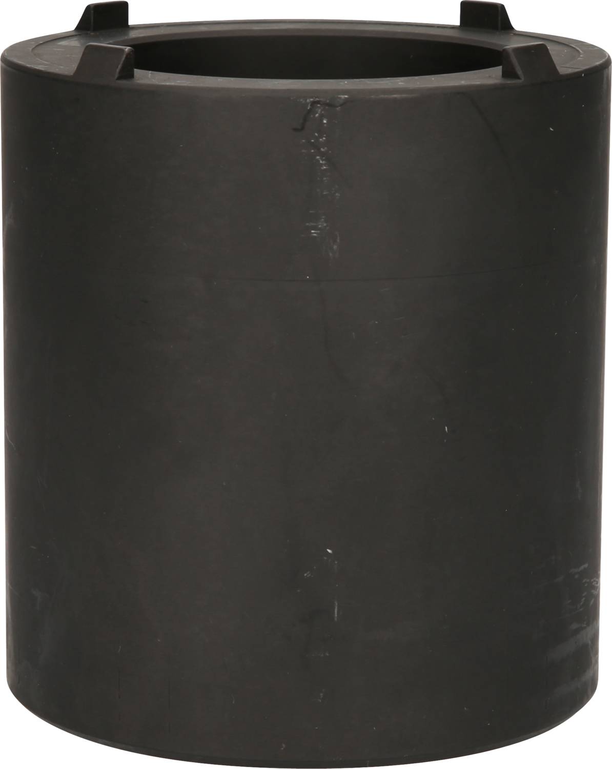 Un conteneur en plastique noir, cylindrique, avec un couvercle ouvert et quatre poignées courtes et surélevées.