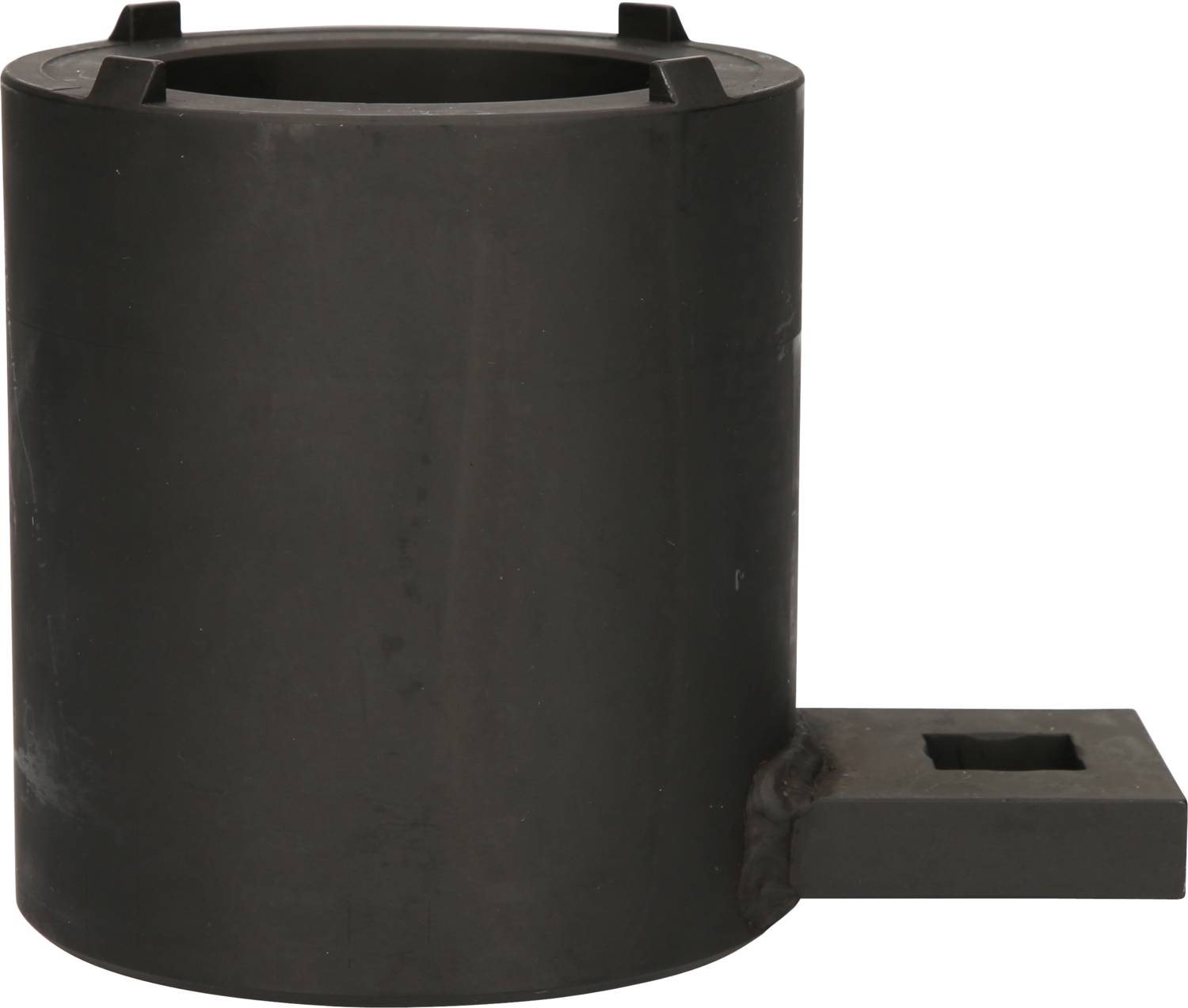 Une pièce métallique noire, cylindrique, avec une extension rectangulaire à sa base.