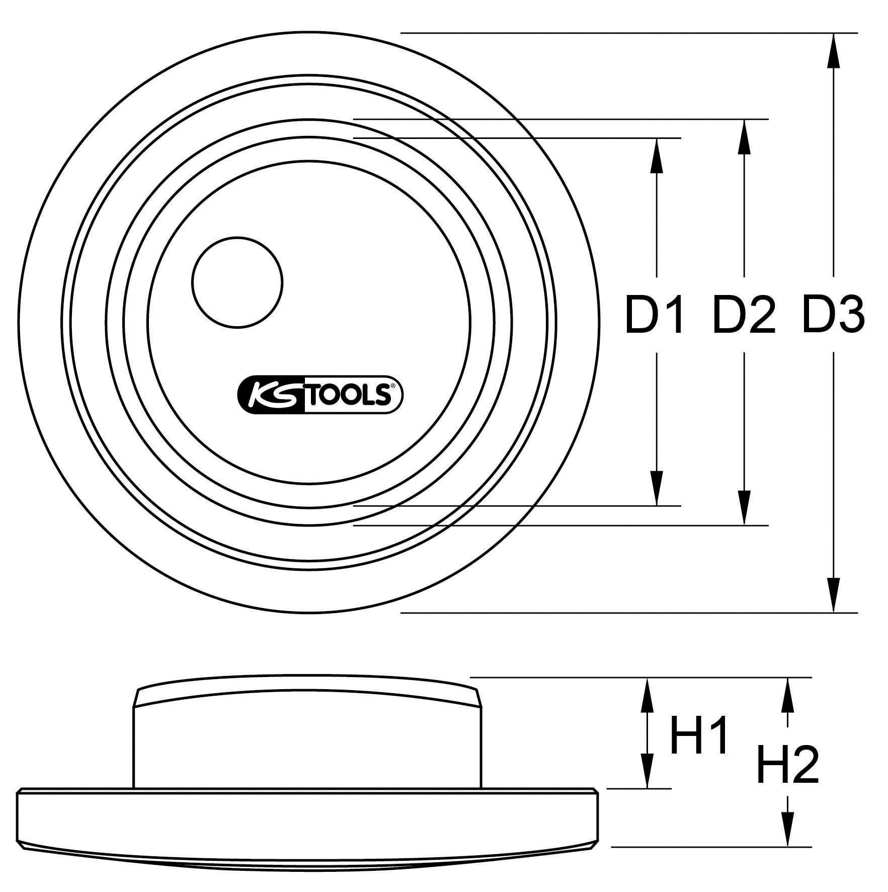Dessin technique d'un outil rond avec trois indications de diamètres (D1, D2, D3) et deux indications de hauteur (H1, H2). Marqué 'KS Tools'.