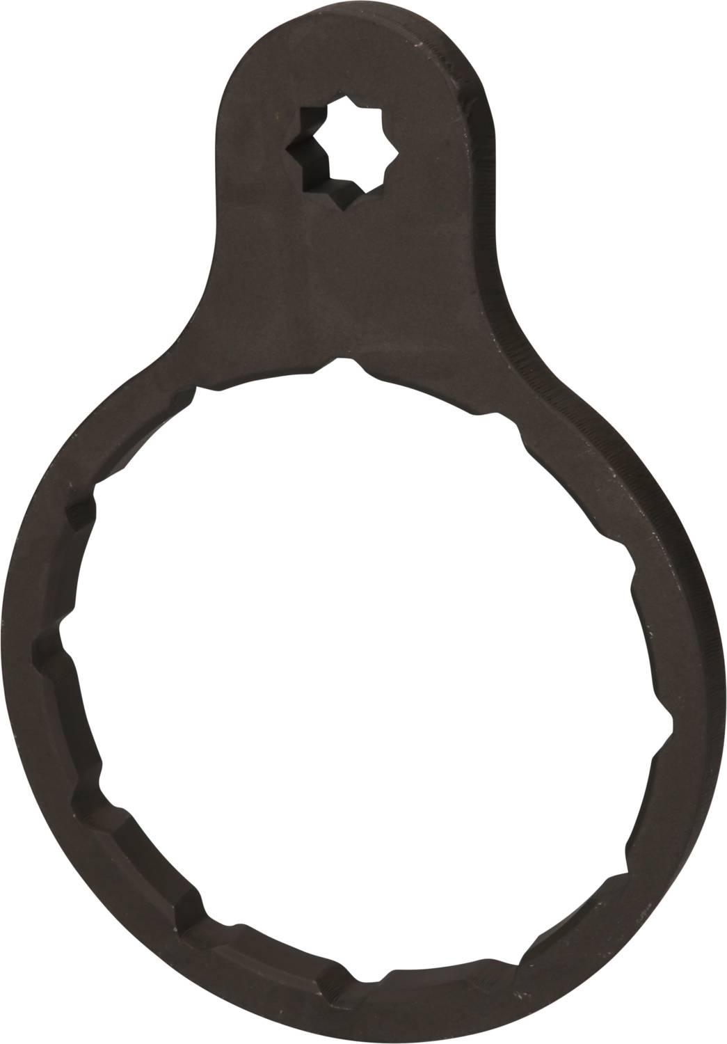 Une clé à outils en métal noir avec une extrémité dentelée et une extrémité en forme d'étoile. Utilisée pour fixer des vis.