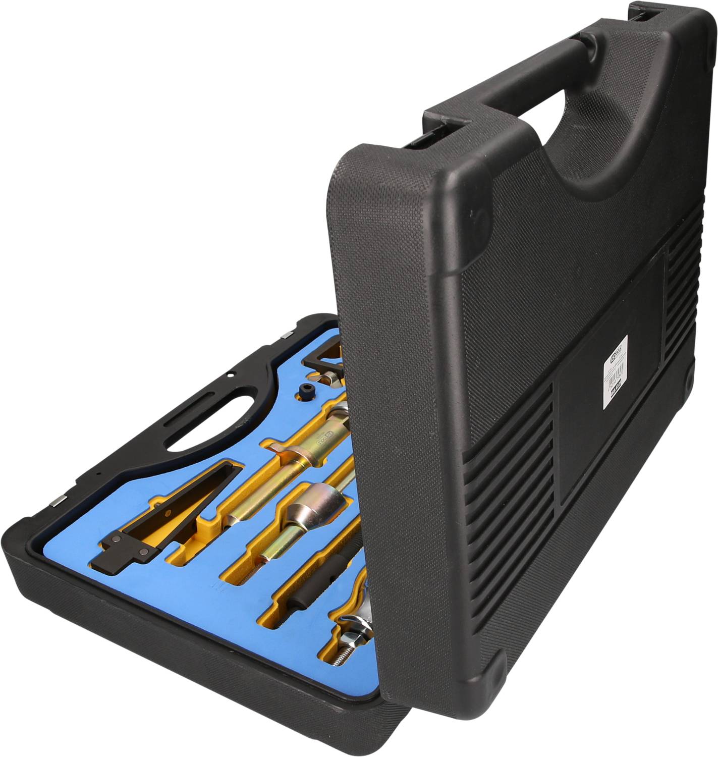 Mallette à outils noire avec couvercle ouvert, montrant divers outils dans des supports moulés, par exemple des tournevis et des pinces.