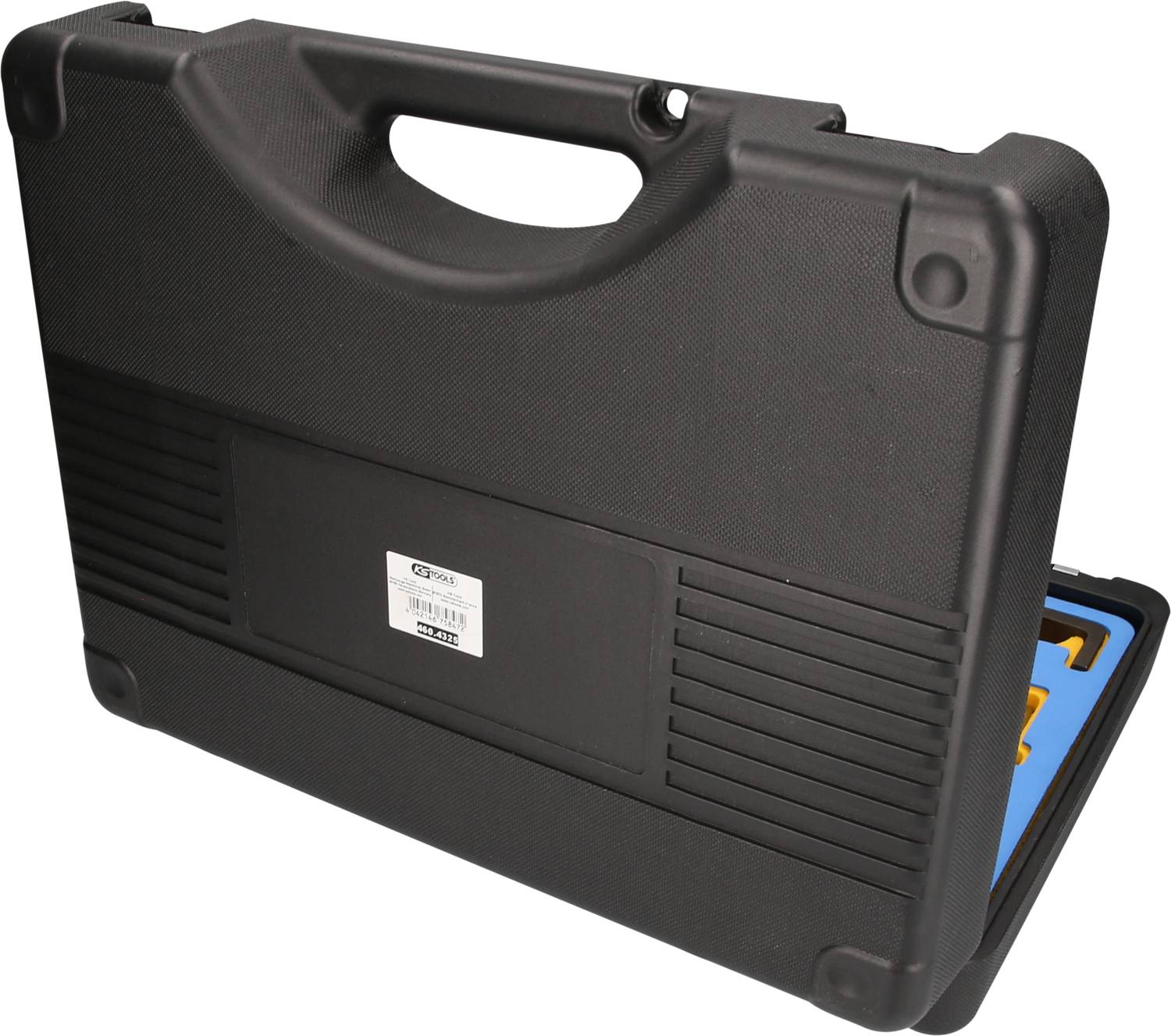 Valise rigide noire avec poignée et coins arrondis, légèrement ouverte, contenant un ensemble d'outils bleu.