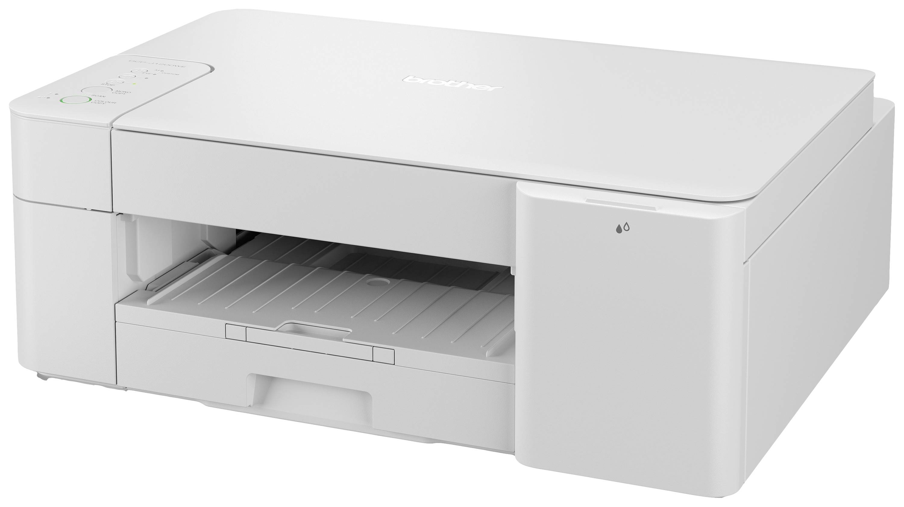 Une imprimante jet d'encre blanche d'une marque connue, adaptée aux utilisations domestiques et de bureau. Vue de trois-quarts avant droit.