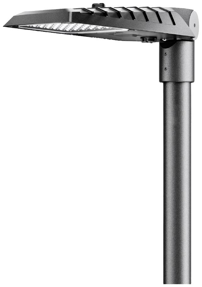 Un lampadaire moderne avec un boîtier métallique fin et sombre, équipé de lampes LED, fixé sur un poteau robuste de couleur grise.